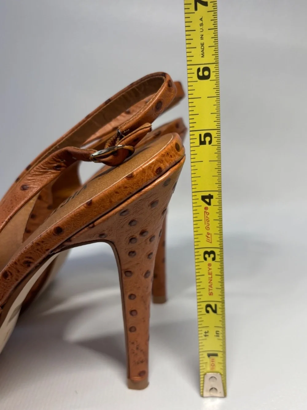 La Victoire Ostrich Embossed Leather Platform Slingback Heels Brown Size 6